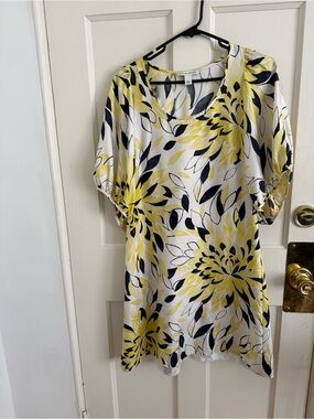 Vintage Banana Republic Yellow, Black and White Floral Silk Dress